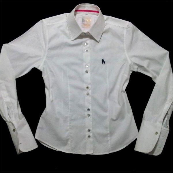 Camisa Fem. Botão Madrepérola Bordado Azul